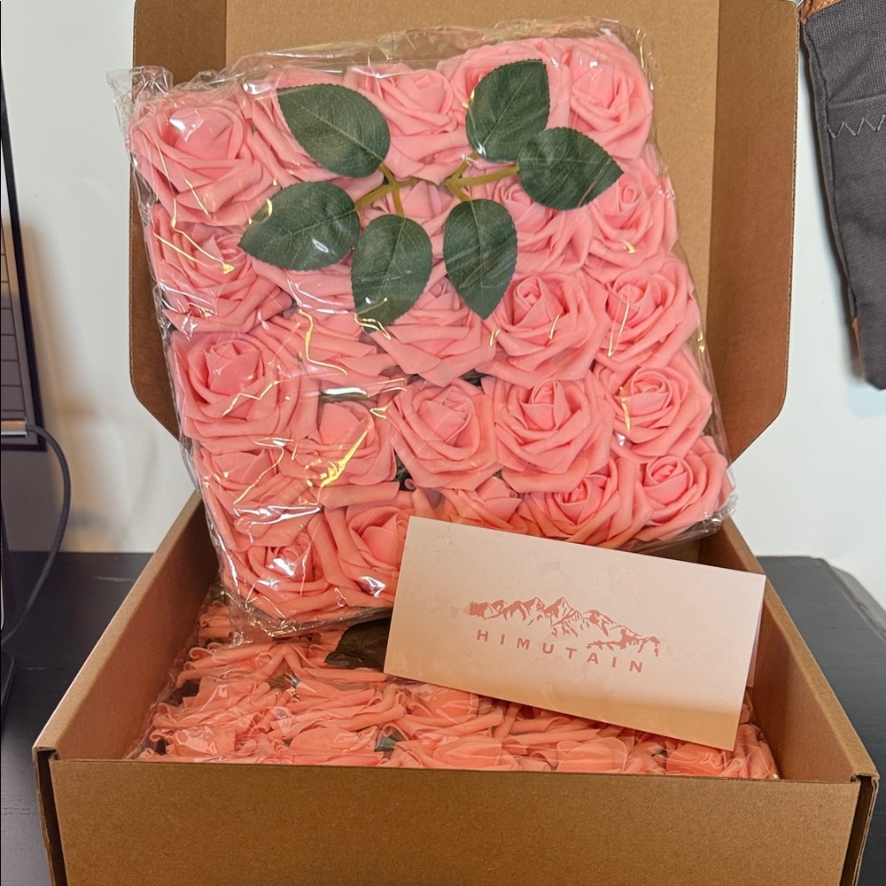 Himutain 50pcs Fake Roses, Pink Roses Realistic Artificial Roses Silk Flowers